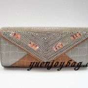 Gray and brown plaid PU leather evening clutch bag with crystal rhinestone diamond