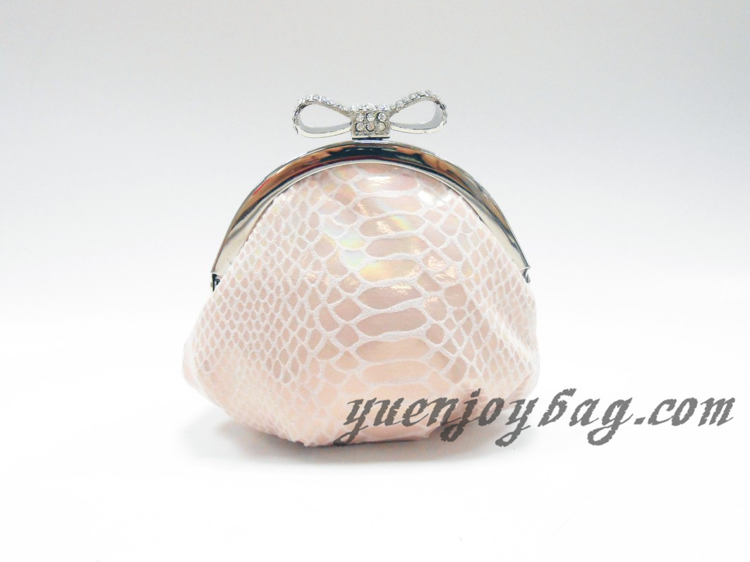 Snake Skin Embossed PU Leather little coin purse with rhinestone bowknot closure