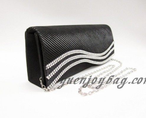 Black pleated Satin clutch purse with crystal rhinestone - side view