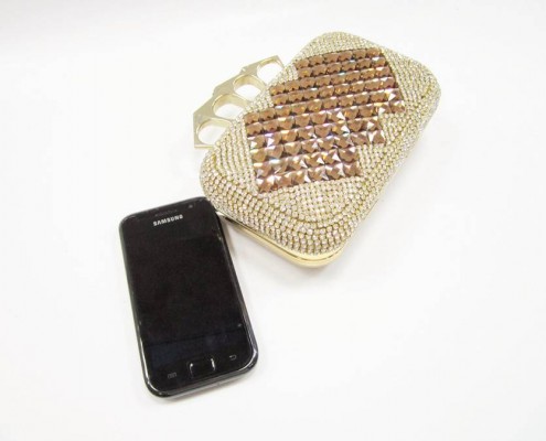 Diamond knuckle finger metal frame Golden crystal rhinestone evening bag - contrast with mobile
