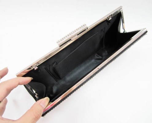 Fashion 2014 black pleated diamond metal frame clutch bag with rhinestone - lining view