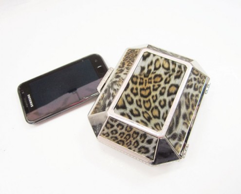 Leopard animal print metal case party bag - contrast with mobile