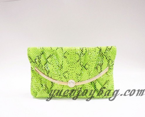 Neon green snake skin PU faux leather women's clutch bag with diamond metal decoration