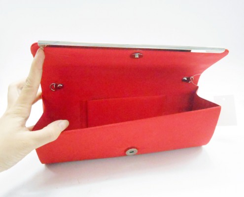 Red pleated satin flower evening purse clutch bag - lining view