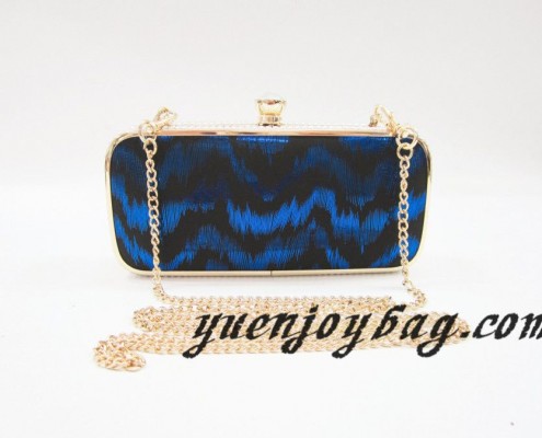 Gold metal frame Blue wave pattern PU leather women's clutch chain bags with rhinestone clasp
