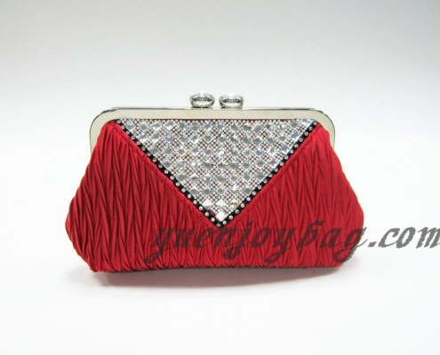 Red pleated satin crystal rhinestone diamond metal frame clutch purse from China supplier