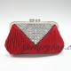 Red pleated satin crystal rhinestone diamond metal frame clutch purse from China supplier
