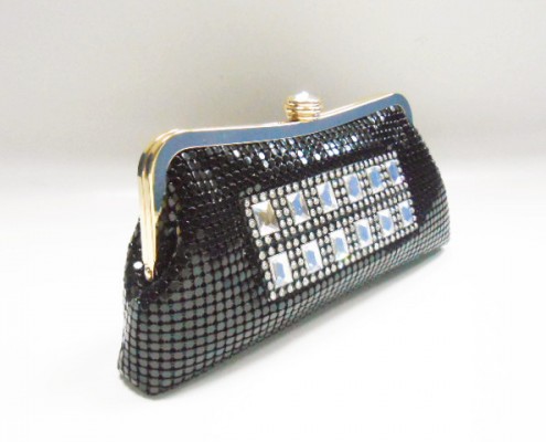 Women's simple black evening bag with metal mesh - side view