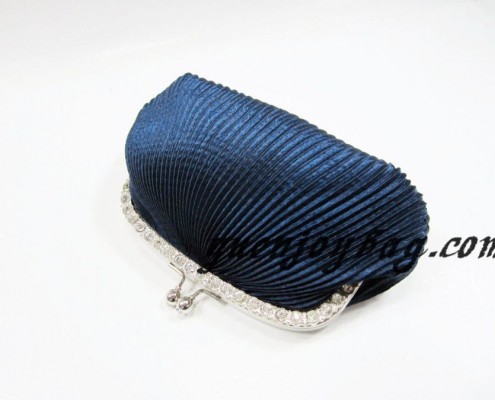 blue pleated satin party handbag with kiss lock metal frame