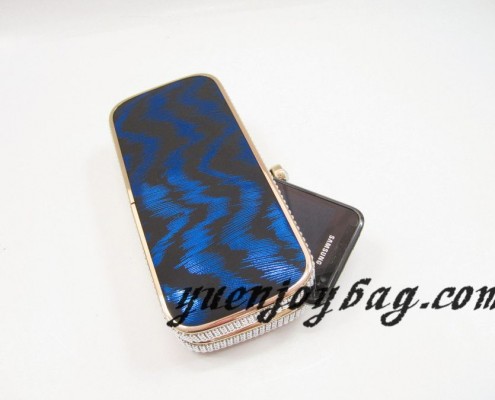 brand design gold metal frame Blue wave pattern PU leather clutch bags with rhinestone clasp - contrast with mobile