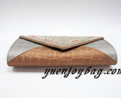 Gray and brown plaid PU leather evening clutch bag with crystal rhinestone diamond - bottom view