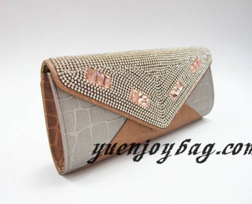 Gray and brown plaid PU leather evening party handbag with crystal rhinestone diamond - side view