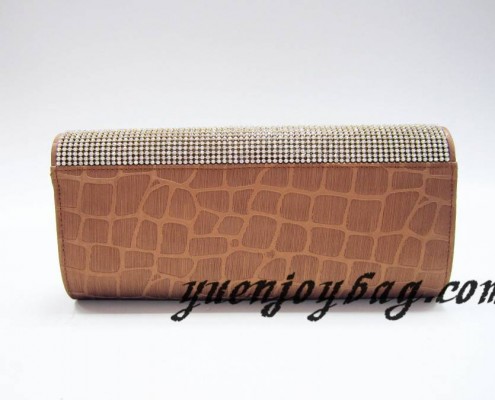 Gray and brown plaid PU leather girls' evening clutch bag with crystal rhinestone diamond - back view