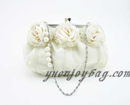 Women's Floral Decorated Satin and Organza Wedding Clutch Bridal Bag with Bead Chain